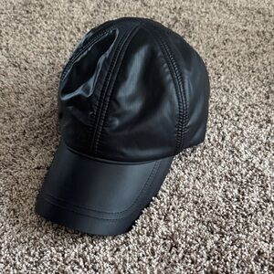 Black Faux Leather Baseball Cap